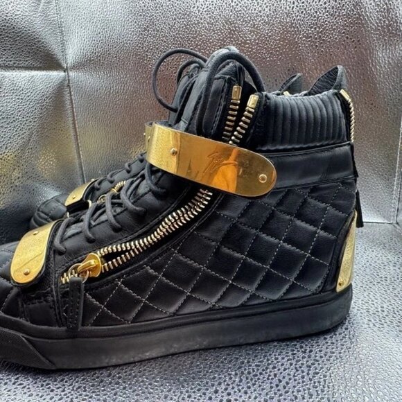 Size 40 - Giuseppe Zanotti Womens Black Leather High Top‎ Gold Quilted Sneakers - Picture 5 of 9